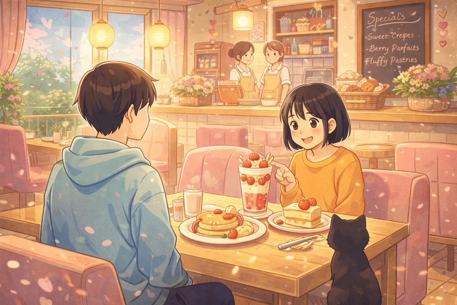 Cozy anime cafe scene